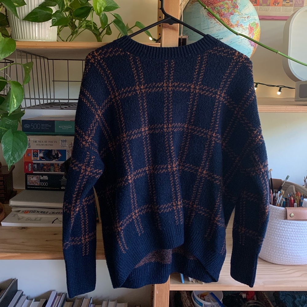 Long sleeve, Navy, Orange checkered, Knit, Sweatshirt